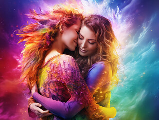 Two beautiful young girls in love hugging on a multicolored rainbow background