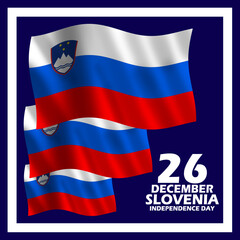 Slovenia Independence Day event banner. The flying Slovenian flag, with bold text in frame on dark blue background to commemorate on December 26