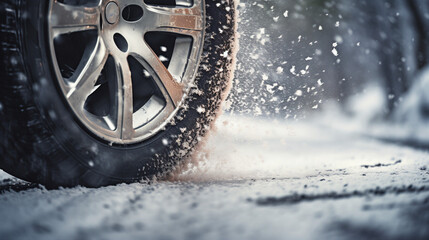 snowy road and winter tires close-up for safe mountain travel