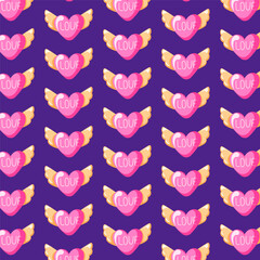 Seamless pattern pink heart with wings in cartoon style. Valentines Day textile design, background, wrapping paper, wallpaper. Vector illustration.