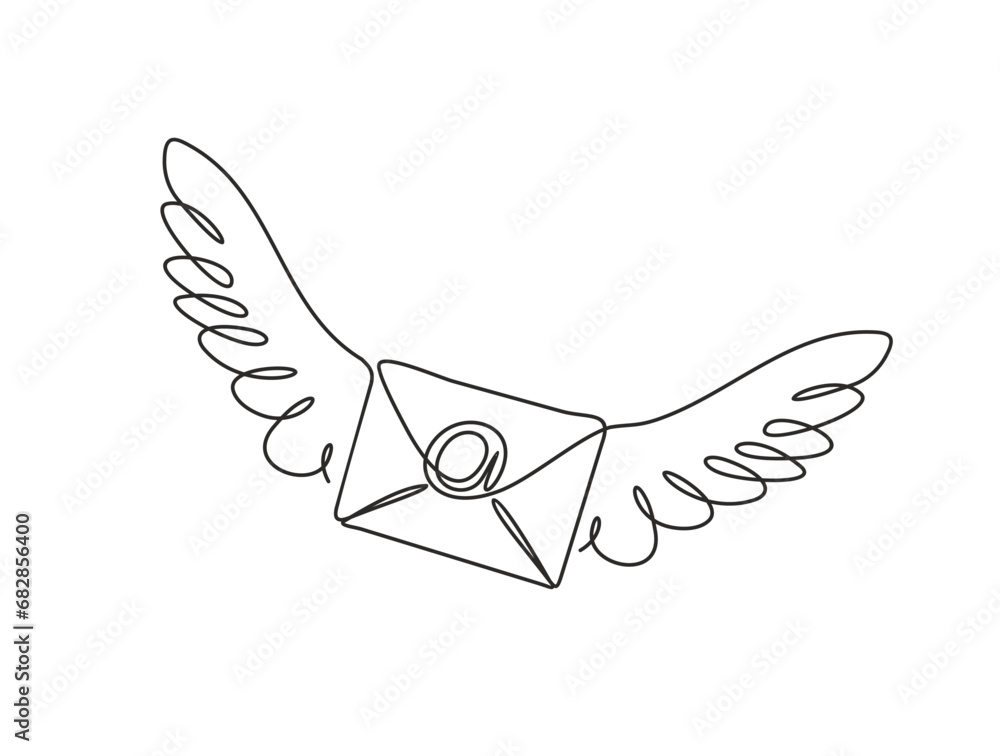 Poster continuous one single line drawing of envelope with wings. mail delivery concept.