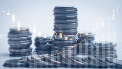 Double exposure of coins and city background for finance and banking concept,Financial, investment,saving, business concept. - obrazy, fototapety, plakaty