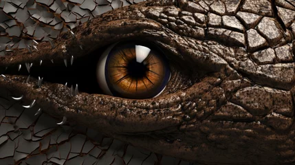 Fotobehang A alligator eye tearing a rip through the background wall. crocodile animals eyes. generative ai © Witri