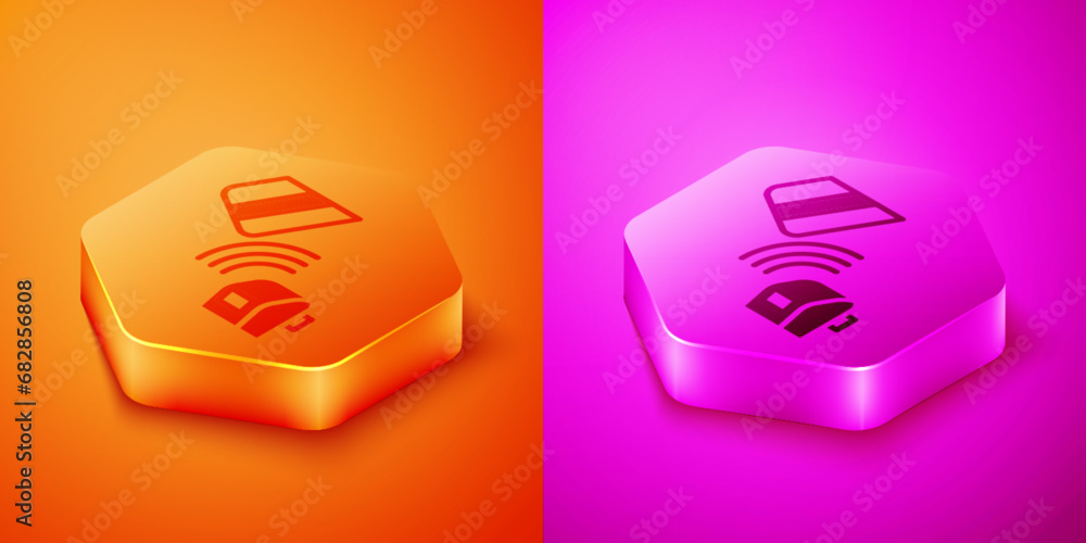 Poster isometric pos terminal with inserted credit card and printed reciept icon isolated on orange and pin
