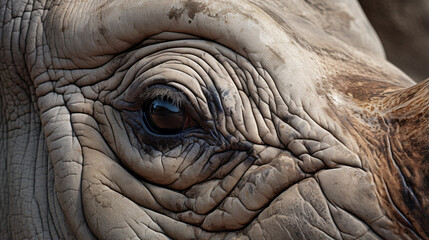 A close up photo of an endangered white rhino rhinoceros face,horn and eye. generative ai