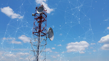Telecommunication tower with mesh dots, glittering particles for wireless telecommunication...