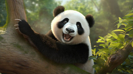 A playful happy panda in China. Panda looking at camera. generative ai