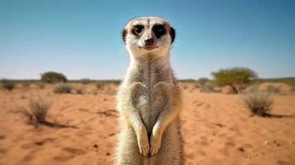 A very cute meerkat stands in the Kalahari Desert, Namibia. generative ai - obrazy, fototapety, plakaty