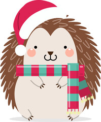 Cute cartoon hedgehog with Santa hat and scarf for Christmas and New year. 