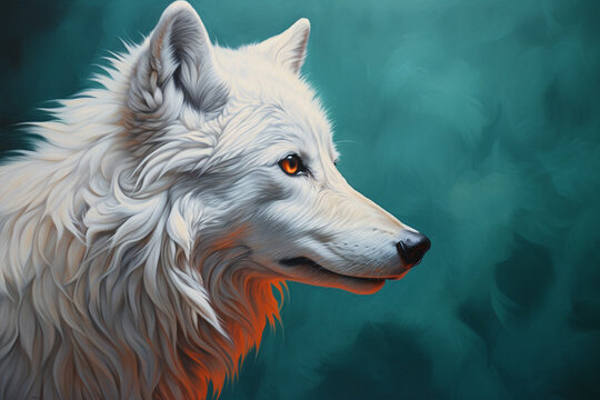 Side profile portrait of a white wolf painting in orange and teal colors - AI Generated