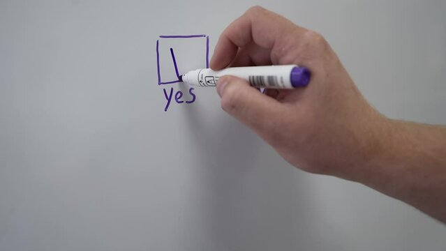 close-up, a man's hand with a blue marker chooses which decision to make and finally ticks the "yes" mark. A man answers "yes" to a question in writing on a white board in the office
Team building 