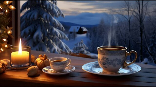 animation of hot tea and candles in a snowfall atmosphere  