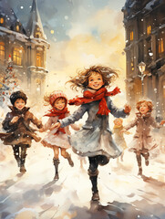 kinder spielen im schnee auf einem weihnachtsmarkt und laufen herum spielen fangen und tanzen im schnee