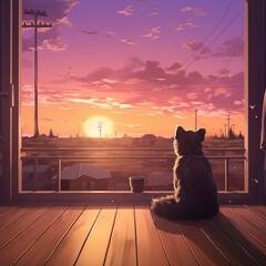 dog enjoying the sunset on the balcony, lofi art