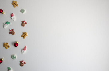 Christmas decor from candies on white background copy space