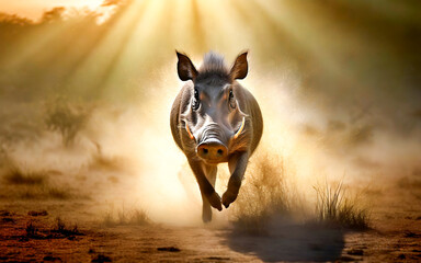Wild Warthog gallops in the dusty steppe, AI generated - obrazy, fototapety, plakaty
