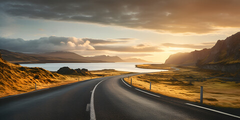 sunset on the road.Endless Road Journey, Scenic Sundown Exploration.AI Generative 
