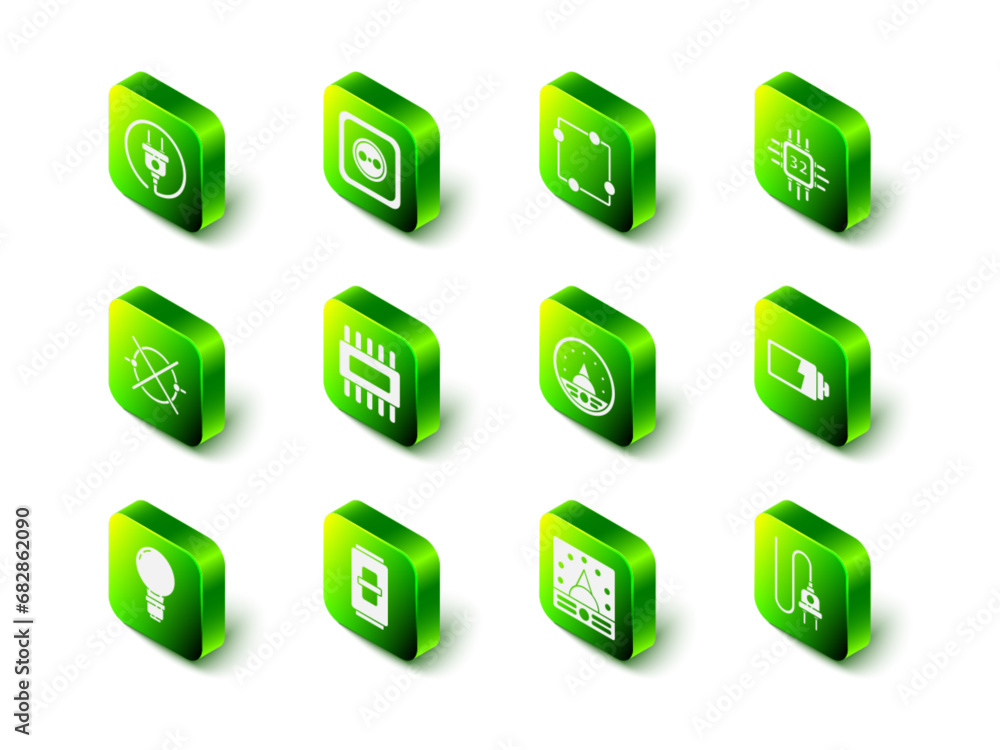 Poster set electrical outlet, circuit scheme, processor with microcircuits cpu, battery charge level indica