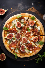 Pizza with prosciutto and figs, top view