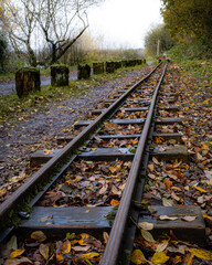 Rudyard Lake narrow gauge railway track with Autumn leaves