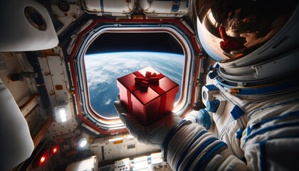 Astronaut Holding Red Gift Box in Space Station - obrazy, fototapety, plakaty