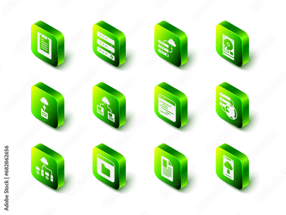 Aufkleber set server, data, web hosting, network cloud connection, hard disk drive hdd, cloud technology data 