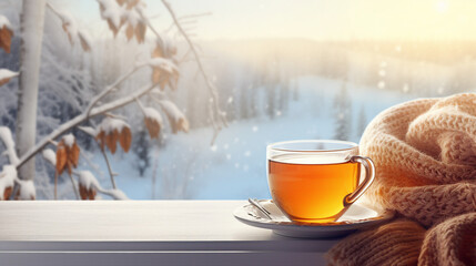 Obraz na płótnie Canvas Cozy Winter Still Life Mug of Hot Tea and Warm Woolen
