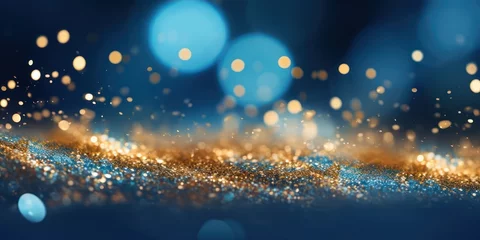 Foto op Plexiglas Festive celebration holiday christmas, new year, new year's eve banner template illustration - Abstract gold bokeh lights on dark blue background texture, de-focused © kimly