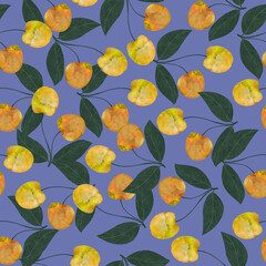 Seamless pattern with yellow cherry. Endless texture on blue background. Pattern for textile, wrapping paper, scrapbook, packing, notebook cover.