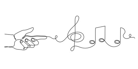 Hand holds musical treble clef and notes one line art, hand drawn continuous contour. Artistic creative concept, minimalist outline design. Editable stroke. Isolated. Vector illustration