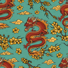 Flying dragon colorful seamless pattern