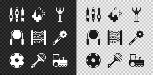 Set Marker pen, Puzzle pieces toy, Rake, Soccer football ball, Rattle baby, Toy train, Jump rope and Abacus icon. Vector - obrazy, fototapety, plakaty