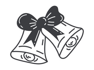 Christmas element of black line set. Two gracefully crafted Christmas bells take center stage, their intricate details outlined in bold black strokes. Vector illustration.