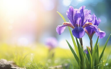 Start of spring poster. Beautiful purple iris close up on nice blurred background. Spring flowers in the garden. Copy space. Pastel colors. Bokeh, de focus, fresh morning sun light. AI Generative.