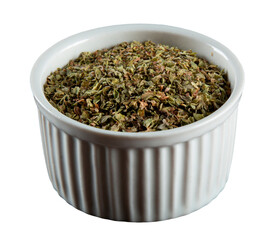 Dried Oregano spice in a white bowl and transparent background png