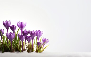 Happy start of spring poster. Beautiful short purple crocus flowers in the snow isolated on white...