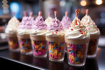 Colorful cupcakes in glass cups on bar counter in coffee shop
