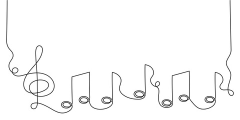 Treble clef and musical notes one line art, hand drawn continuous contour. Artistic creative concept, minimalist template design. Editable stroke. Isolated. Vector illustration - obrazy, fototapety, plakaty
