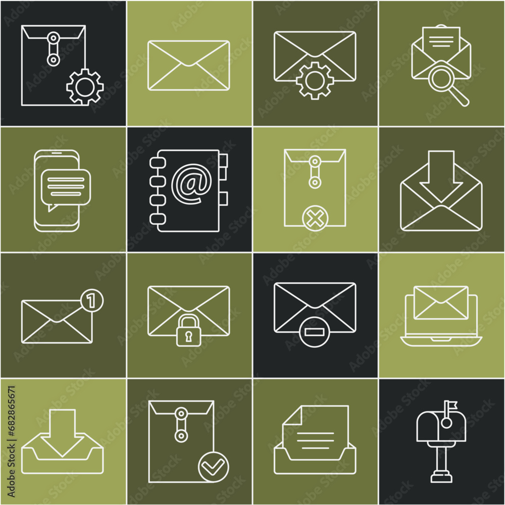 Poster set line mail box, laptop with envelope, envelope, setting, address book, chat messages notification