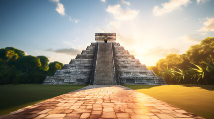 The iconic pyramid of El Castillo at Chichen Itza, casting a long shadow as the sun aligns perfectly with its steps during the equinox. Ai Generated.NO.02 - obrazy, fototapety, plakaty