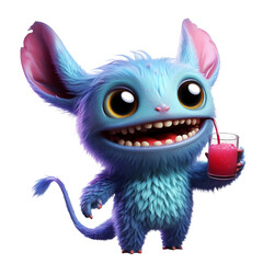 funny furry fantasy creature with glass of juice