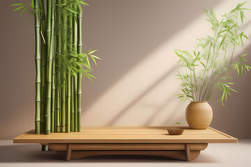 Obraz premium Minimalist Japanese room with bamboo and plant pot, Interior design