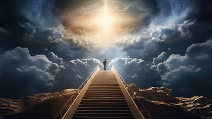 Stairway to heaven, with flare effects and clouds around, a place regarded in various religions as the abode of God and the angels - obrazy, fototapety, plakaty
