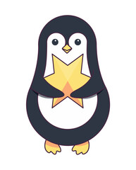 Christmas element of set in flat cartoon design. Cheer and merriment in this charming and colorful style depiction of a Christmas cute penguin add a mood to festive celebrations. Vector illustration.