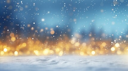 White snow with gold and blue bokeh background