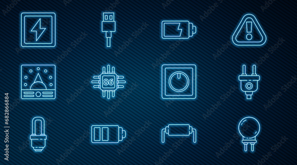 Poster set line light emitting diode, battery charge level indicator, processor with microcircuits cpu, amp