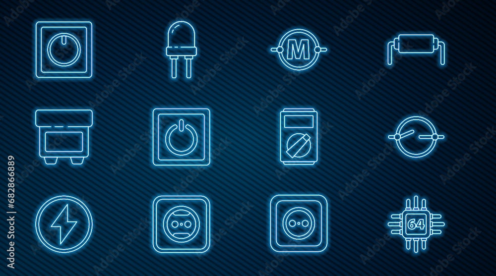 Poster set line processor with microcircuits cpu, electric scheme, light switch, fuse, multimeter and light