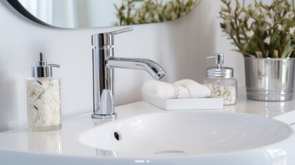 Naklejka premium Close up of modern kitchen faucet and sink