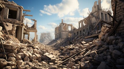 Collapsed building and rubble in the after math.UHD wallpaper