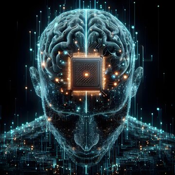 top front view of a transparent blue head with a chip instead of a brain inside